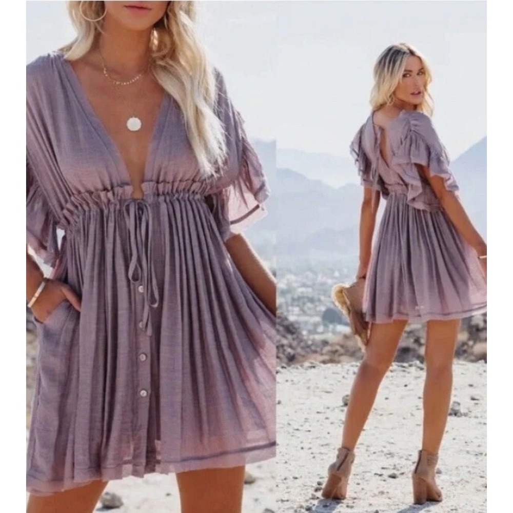 Flawless Mauve Gauze Boho Mini Dress Ruffle Sleeve Button Front Small NWOT